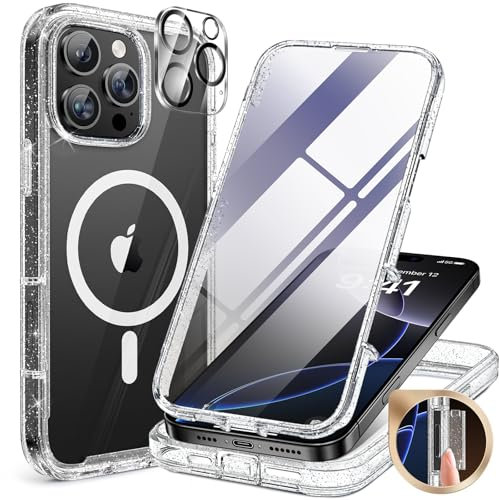 Miracase Magnetic Case for iPhone 16 Pro Max Case 6.9-Inch, Full Body Bumper Case Compatible with MagSafe and Built-in 9H Tempered Glass Screen Protector + Camera Lens Protector (Clear Glitter)