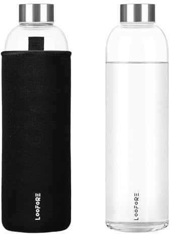 LOOFORE Glass Water Bottle 750ML, BPA-Free Leak Proof, Clear Water Bottle with Protective Sleeves for Sports and Gym with Hot Cold Drinks