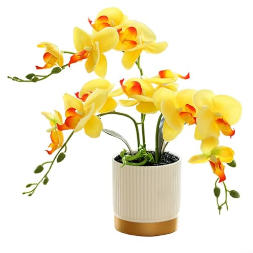 Besttoolifes Artificial Phalaenopsis Orchid Bonsai 13 Inch Realistic Potted Plant White Gold-Rimmed Flower Pot No Maintenance Required Home Office Decor Bookshelf Mantle Table Decoration(Yellow)