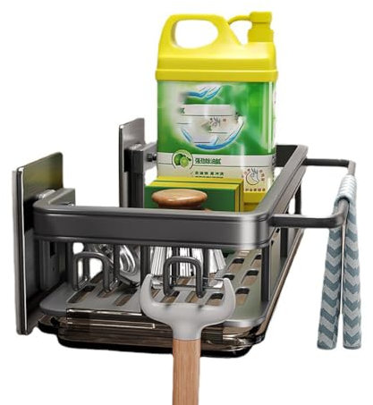 Rangement pour évier de Cuisine, Support d'évier de Cuisine Mural, Organisateur de Vaisselle avec égouttoir, évier de Cuisine Amovible, Support d'évier Mural avec Porte-Serviettes et Crochets
