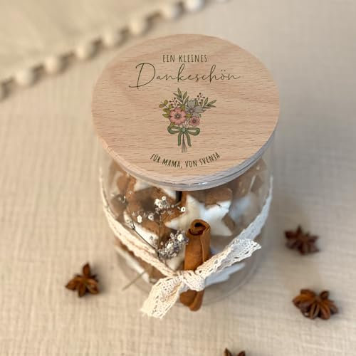 hellomini Personalisiertes Vorratsglas mit Holzdeckel, Keksdose mit Gravur, Geschenk zu Weihnachten, Keksglas mit Buchenholz Deckel, Zwei Größen (Blumenstrauß, 750ml)