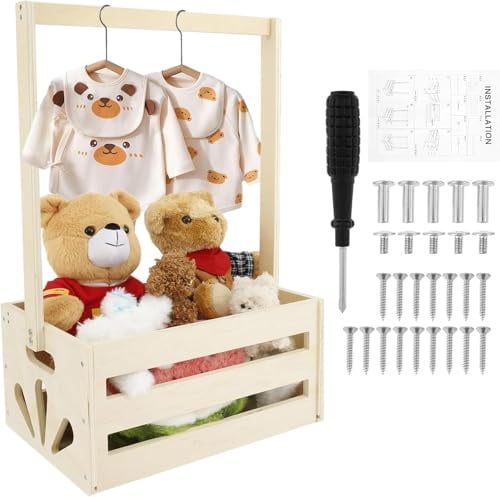 Wooden Baby Shower Basket, Baby Shower Crate Closet with Handle (Not Hangers), Decorative Baby Clothes Rack, Baby Shower Hamper Storage Basket for New Born Pregnancy New Parent Gifts (Style A)
