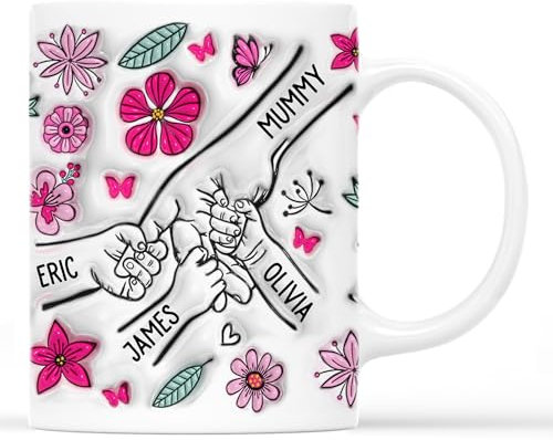 Personal Chic Custom Mug Name - Holding Mum's Hand Flowers - Personalised Mothers Day Gifts, Personalised Mum Gifts, Grandma Gift, Mummy Mug, Grandma Cup (Model #1)