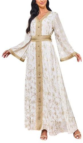 Amxleh Muslimisches Kleid Damen V-Ausschnitt Blumen Stickerei Lang Abendkleid Elegant Kaftan Traditioneller Gebetskleidung Outfit Arabisch Gebetskleid Heißgeprägtes, Modisches, Langärmeliges Kleider