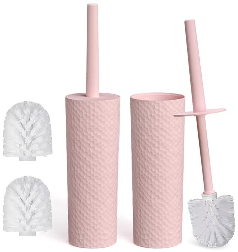 Closed Pink Toilet & Loo Brush with Holder Set of 2, 4 Replaceable Brush Heads, Ergonomic Long Handle, Dense Flexible Bristles, Hygienic Compact Bathroom Cleaner for Home & Hotel