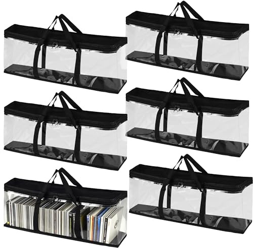 Aramanara 6 Pcs DVD Storage Bag with Zip, CD Storage Box Hold up to 240 DVD | Clear DVD Organiser Case, DVD Storage Boxes, CD Storage Bags with Handles for DVDs, CDs, Video Games(Black)
