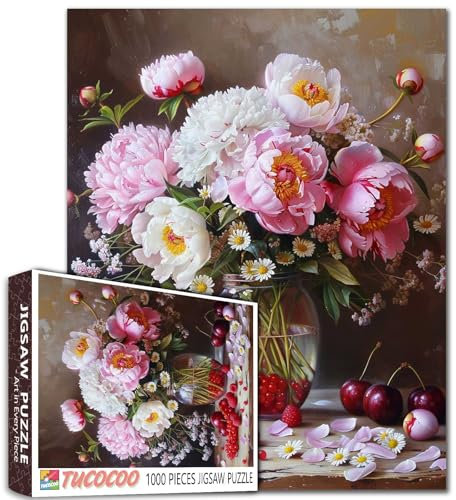 Puzzle vintage de 1 000 pièces pour adultes et étudiants, pivoines, marguerites et baies rouges, vase en verre floral, 50,8 x 68,6 cm, grand cadeau familial pour les soirées de jeu