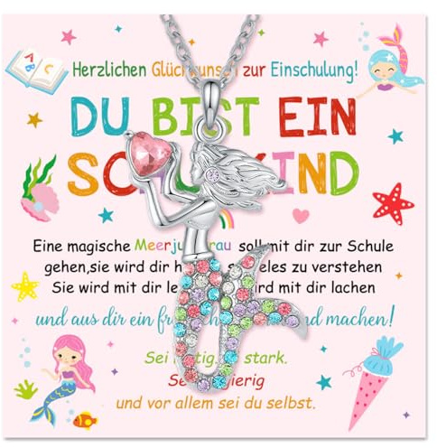 Augesak Einschulung Mädchen Geschenk,Kette Mädchen,Glücksbringer Schulanfang,Einschulungsgeschenke,Plus Grußkarte Geschenkbox(Meerjungfrau)