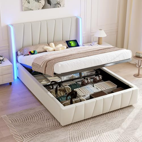 OKimmy Bett 140x200cm, Polsterbett Doppelbett mit USB-Steckdosen & LED-Beleuchtung, Bettgestellt mit Stauraum, Jugend-/Erwachsenenbett mit Lattenrost, Ohne Matratze Beige