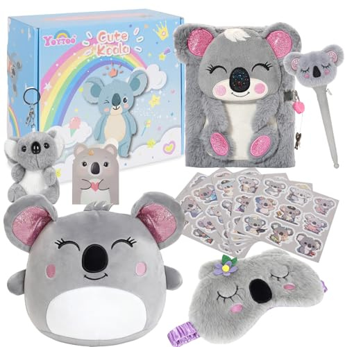 Pinkgarden Koala Geschenke für Mädchen, Koala Plüschtier-Set mit Kissen, Geheimes Tagebuch, Kugelschreiber, Augenmaske, Aufkleber, Geburtstags- und Weihnachtsgeschenke für kleine Mädchen im Alter von