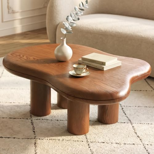 Guyii Cloud-Shaped Coffee Table, Modern Sofa Table with 4 Legs, Walnut Finish Center Table, Small Irregular Tea Table for Living Room, Bedroom, Easy Assembly