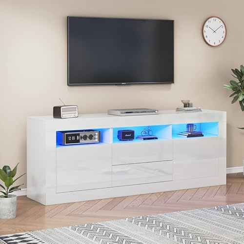 ZODICK TV-Schrank mit LED-Beleuchtung, hochglänzender TV-Schrank, 3 offene Fächer, 2 Türen und 2 Schubladen, modernes Wohnzimmermöbel, geeignet für TV-Geräte bis zu 70 Zoll, 160 x 35 x 60 cm, schwarz