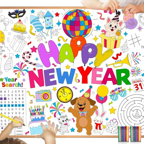 HOWAF Papier-Tischdecke zum Ausmalen Silvester Deko 2026, Happy New Year 2026 Ausmal-Tischdecke Frohes Neues Jahr Ausmaltischdecke Kinder tischdecke Silvester Basteln Kinder für Silvesterdeko Supplies