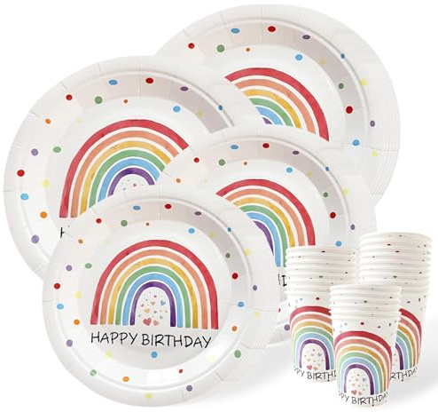 YRsorn Regenbogen Deko Kindergeburtstag - Regenbogen Partygeschirr Pappbecher, Pappteller Geburtstag, Tischdeko Geburtstag für 20 Personen