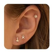 HANLI 3 Paar Stern Mond Sonne Ohrstecker 14K Vergoldet Gold Ohrringe Damen CZ flacher Rückseite Hypoallergen Minimalistisch Schmuck Geschenke