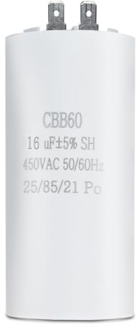 Condensateur CBB60 16µF 450V 2 Bornes 25/85/21 jusqu'à 85 °C – Condensateur de Démarrage Moteur pour Machine à Laver, Climatiseur, Pompe, Générateur – SYNN (1 Pièce)