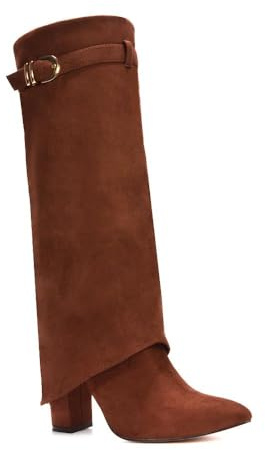ESSEX GLAM Women's Fold Over Knee High Boots Ladies Brown Faux Suede Pointed Toe Buckle Block Heel Size 4