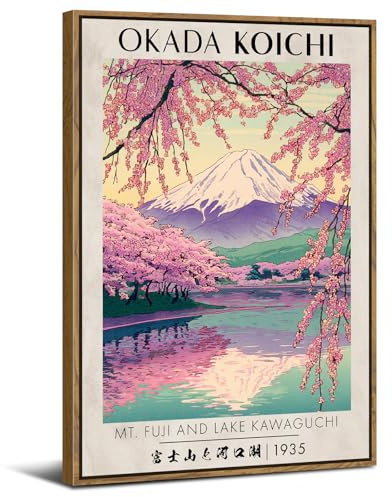 Japanese Wall Art Vintage Fuji Mountain Landscape Poster Wall Decor for Living Room Blossoms Cherry Trees Pictures Painting Canvas Prints Retro Illustration Wood Framed Artwork Home Decoration 12x16