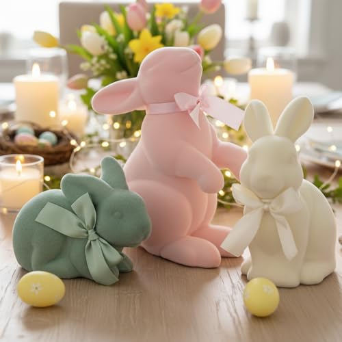 Lanpn 3er-Set Flauschige Osterhasen, Hasenfiguren in Pastellfarben, Verschiedene Posen, für Tisch, Regal & Wohnraum, Frühlingsdekoration (Rosa, Beige, Grün)
