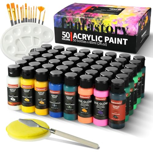 Fantastory Acrylfarben Set 50 x60 ml, Acrylic Paint mit 15-teiligem Zubehör | Hohe Deckkraft, wasserfest, ungiftige Acrylfarben für Künstler, Anfänger, Erwachsene auf Leinwand, Holz, Steinen und Basteln