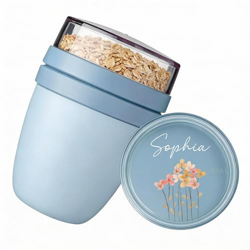 Bärenfreunde MEPAL Müslibecher To Go mit Namen, Joghurtbecher, Blume blau | Isolierter Thermo Behälter, Lunchpot bedruckbar für Kinder, personalisierter Müsli Becher mit 2 Fächern