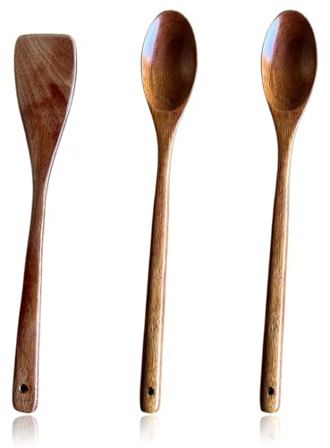 3Pcs Wooden Utensil Set - Natural Teak Wood Non-Stick Cooking Spoons