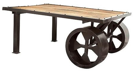 MASSIVMOEBEL24.DE | Railway Couchtisch aus Mangoholz #133 - Natur, lackiert | mit Rädern | 110x80x45 cm | Massivholztisch Fernsehtisch Beistelltisch