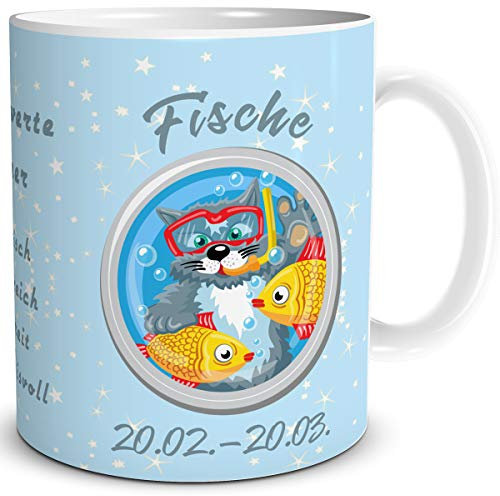 TRIOSK Tasse Katze lustig mit Spruch Sternzeichen Fische Katzenmotiv Geschenk Geburtstagstasse für Katzenliebhaber Frauen Freundin