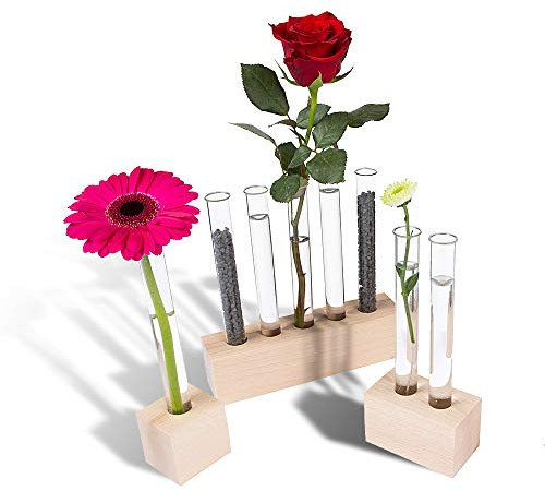 Tuuters Reagenzglas Vase-Set aus Holz – Moderne Tischdeko, inkl. hochwertiger Reagenzgläser (Buche Mix)