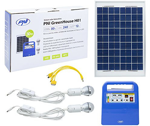 PNI Pannello Solare Portatile Alimentato, Sistema generatore di energia Greenhouse H01 30W con 12V / 7Ah Batteria, USB/Radio / MP3, 2 lampadine a LED