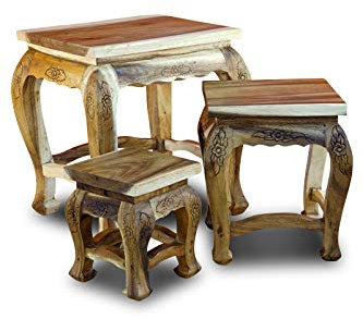 Kinaree Opium Beistelltisch Set aus Akazie Massivholz Nana mit Schnitzerei