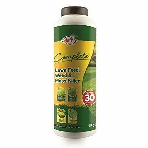 Doff Complete Lawn Feed, Weed & Moss Killer – 1kg Triple-Action Lawn Feed Treatment for Gardens – Condition & Thicken Lawns, Control Weeds & Moss, Promotes Greener Grass Year-Round