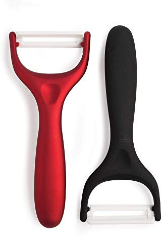 Epoca 2 Piece Set Ceramic Ultra Sharp and Durable Blades, Ergonomic Handles, Vegetable Peeler for Kitchen, Dishwasher Safe, Black/Red