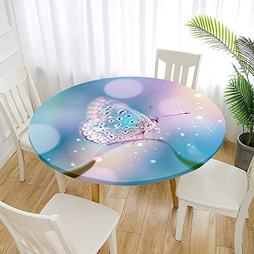 Morbuy Tischdecke Elastisch, Schmetterling Drucken Rund Tischdecken Wasserdicht Lotuseffekt Abwaschbar Abwischbar Tischtuch für Dekoration Küchentisch Garten Outdoor (Durchmesser 120cm,Blau Rosa)