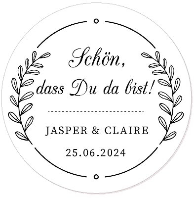 48 Stück personalisiert Blumenkranz Hochzeitssticker - Schön, dass Du da bist! Aufkleber - 4 cm Runde Papieraufkleber Etiketten für Hochzeit,Gastgeschenk,Tischdeko,Flaschen,Tüten - Rd 108-009