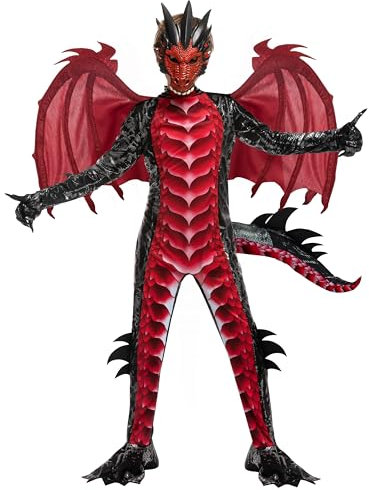 Spooktacular Creations Kind Jungen Drachenkostüm（Schwarz und Rot）, Drachenflügel und Maske, Halloweenanzug Drachenanzug für Jungen für Halloween-Partys, Cosplay-S