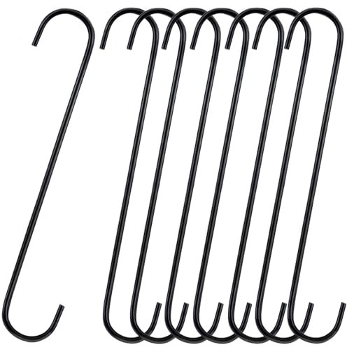 8 Pack S Hooks Heavy Duty 12 Inch Large S Shape Hooks for Hanging Plant Pots and Pans Steel Metal Hanger Hook Black Long S-Hook for Hanging Clothes, Plants, bird feeders, Garden Indoor Outdoor