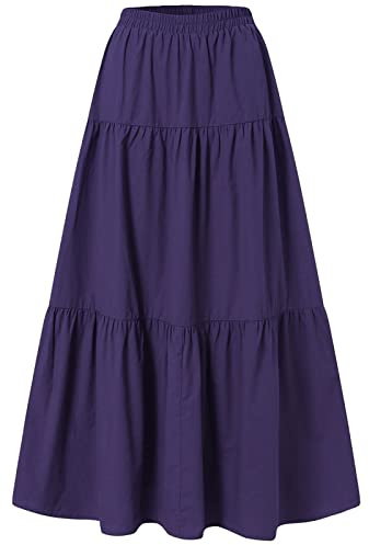 Women's Vintage Elastic Waist A-Line Long Midi Skirt Solid Color Pleated Big Hem Basic Flared Long Skirts (Purple, Large)
