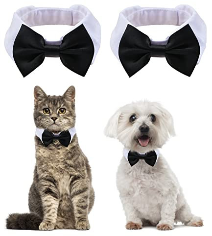 HACRAHO Formelles Haustier-Fliegenhalsband, 2 Stück, weiß-schwarz, formelle Fliege, Haustierkostüm, Halsband mit Fliege für kleine Hunde, Katzen, Welpen, Hochzeit, Geburtstag, Party, S