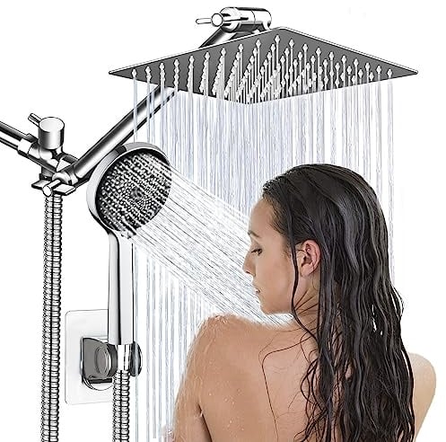 Shower Head,8”Rain Shower Head with Handheld Spray Combo with 11'' Angle Adjustable Extension Arm/Flow Regulator/Shower System,High Pressure Rainfall Shower Head Bathroom,Chrome