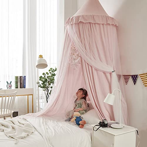 Ricemru Doppellagig Baldachin Babybett Mädchen Groß Hell Rosa Baumwolle Betthimmel Kinderbett Rund Hängendes Kuppel Moskitonnetz Spielzelte Bett Deko for Kinder Baby