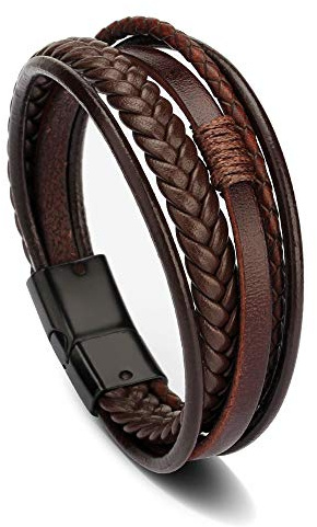 Arcutina Men's Black Leather Multi-Strand Bracelet Casual Brown Braided Bracelet (Brown with Black clasp, Length 8.3'')