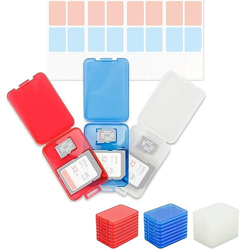 Kiorafoto 24 PCS SD Card Case 3-Color Clear Plastic for 24 SDXC SDHC & 24 Micro SDXC SDHC TF Cards, Transparent SD MSD Memory Card Case Jewelery Box Storage Organizer with Labels