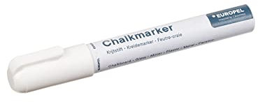 Europel Marqueur craie, à encre liquide, pointe de 6 mm, pour surfaces non poreuses – 1 feutre blanc sous carte blister effaçable à sec ou humide pour tableaux noirs, ardoise, panneaux, fenêtres