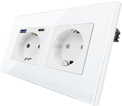 CNBINGO Enchufe Schuko de cristal con enchufe USB (conector USB¹sse Tape-C y cinta A 3,1 Amp total) - Diseño de contacto de pared simple con marco de cristal - Doble enchufe empotrado en blanco