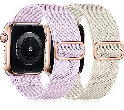 Easuny 2 Pack Correa Elástica Compatible Con Apple Watch 38mm 40mm 41mm, Ajustable Suave Nylon Para iWatch Series 9 8 7 6 5 4 3 2 1 SE Ultra, Mujeres Hombres, Lavanda/Blanco Estrella