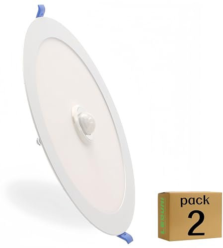 Downlight Circular LED Techo con Sensor de Movimiento 18W Panel Redondo Empotrable con Detector de Presencia 218X43H mm corte 205 mm (Pack 2X, Luz Blanco Fria 6000K)