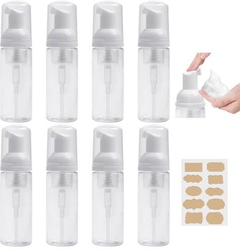 Omsscun 8 Piezas Dispensador Jabon Baño Plástico Transparente, Botes para Gel y Champu Rellenables 60ml, Dispensador Espuma, Botes Espuma Pequeño con Etiquetas para Viajes, Baño y Hoteles