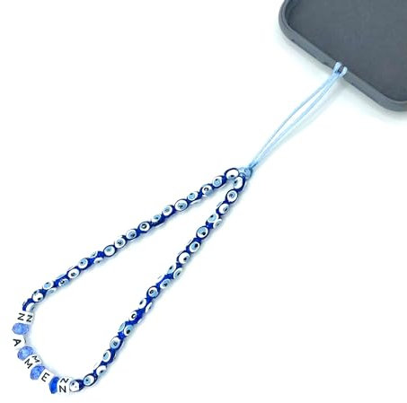 Handykette Schlaufe mit Wunschnamen aus Perlen Umhängeband Handyanhänger Handy Schmuck Perlenkette Handy Charm Nazar Türkische Auge Blau Personalisiert Unisex (Modell 2)