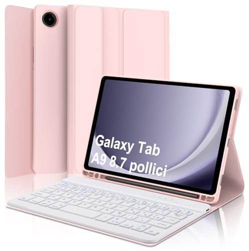 WINCHKING Clavier pour Samsung Galaxy Tab A9 8.7, coque Galaxy Tab A9 avec clavier, italien Bluetooth amovible Keyboard pour Samsung Tablette a9 2023 8,7 pouces, rose clair